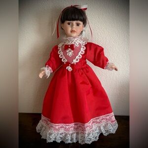 17” Elegant Porcelain Doll with Red and White Dress with Stand